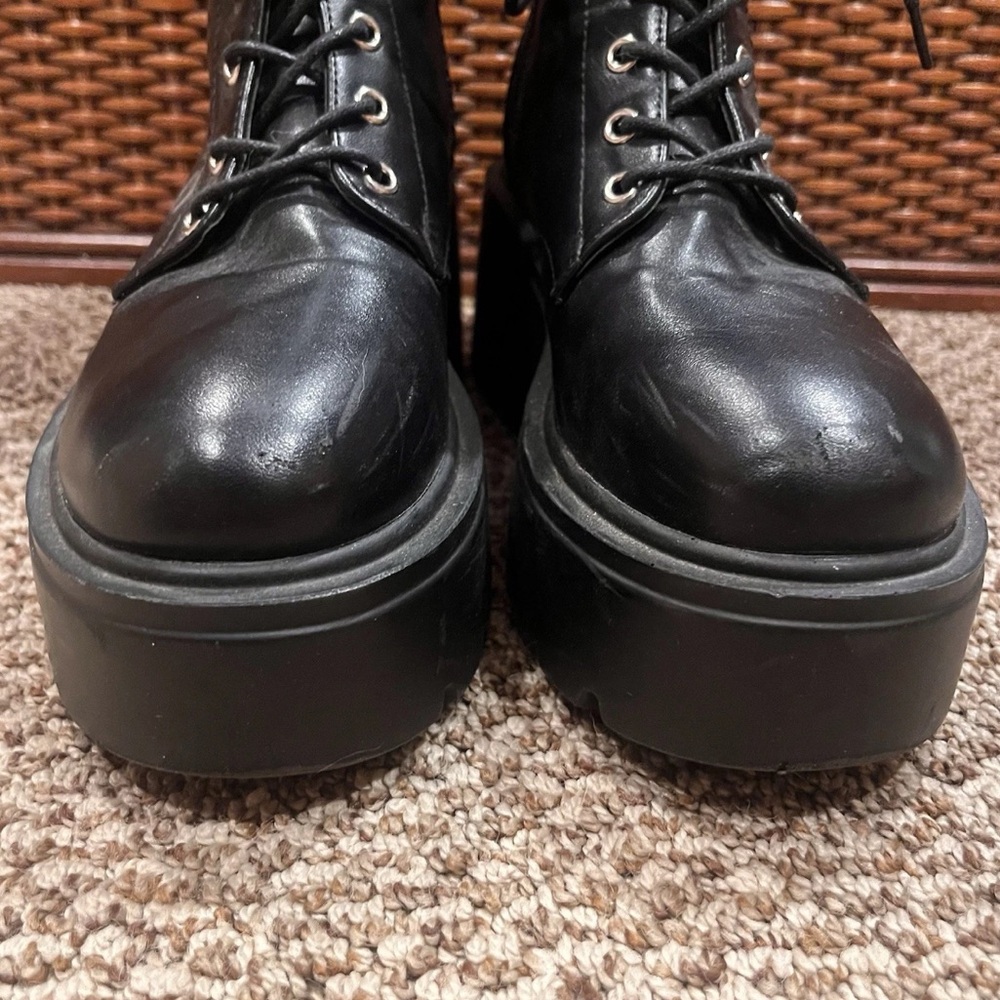 SHEIN Black Faux Leather Lace Up Platform Combat Boots - Picture 3 of 16